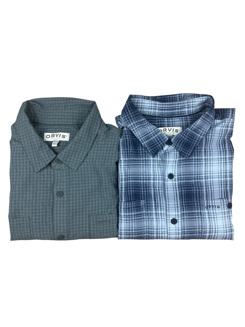 Lot Of 2 Orvis Shirt Mens XXL Outdoor Hiking Fishing Stretch Gray Blue Plaid‎